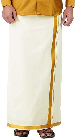 Stylesindia Pure Cotton Double Layer Dhoti Vesti Mundu Golden Zari Broad Border Dhoti 3.6 Meter-Cream in Saudi Arabia