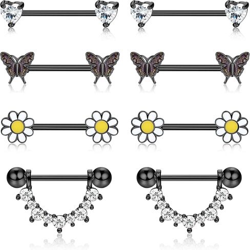 FINREZIO 4Pairs 14G Nipple Rings 316L Surgical Steel Flower Nipple Tongue Ring Barbell Piercing for Women Body Piercing Jewelry in Kuwait
