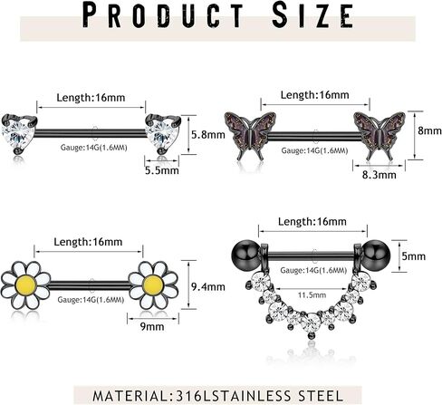 FINREZIO 4Pairs 14G Nipple Rings 316L Surgical Steel Flower Nipple Tongue Ring Barbell Piercing for Women Body Piercing Jewelry in Kuwait