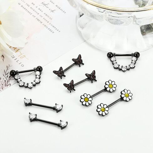 FINREZIO 4Pairs 14G Nipple Rings 316L Surgical Steel Flower Nipple Tongue Ring Barbell Piercing for Women Body Piercing Jewelry in Kuwait