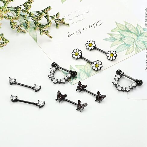 FINREZIO 4Pairs 14G Nipple Rings 316L Surgical Steel Flower Nipple Tongue Ring Barbell Piercing for Women Body Piercing Jewelry in Kuwait