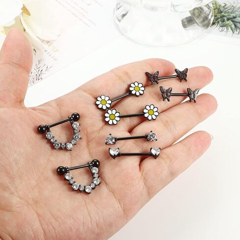 FINREZIO 4Pairs 14G Nipple Rings 316L Surgical Steel Flower Nipple Tongue Ring Barbell Piercing for Women Body Piercing Jewelry in Kuwait