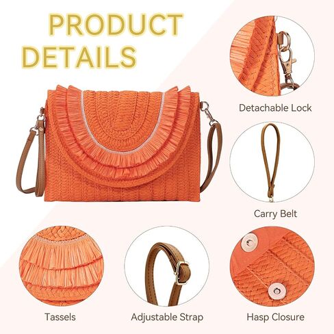 Gets Straw Clutch Bags for Women Handmade Woven Summer Beach Envelope Purse Wallet Crossbody Bag with Strap in Kuwait