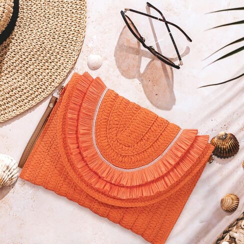 Gets Straw Clutch Bags for Women Handmade Woven Summer Beach Envelope Purse Wallet Crossbody Bag with Strap in Kuwait