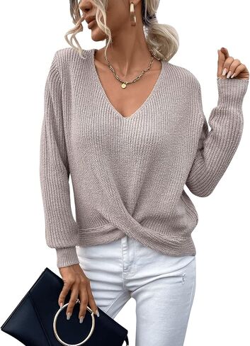 SweatyRocks Women's Long Sleeve Twist Front Sweater V Neck Drop Shoulder Cut Out Back Knitwear in Saudi Arabia