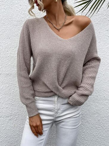 SweatyRocks Women's Long Sleeve Twist Front Sweater V Neck Drop Shoulder Cut Out Back Knitwear in Saudi Arabia