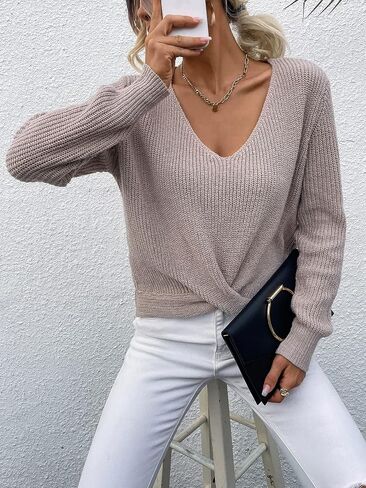 SweatyRocks Women's Long Sleeve Twist Front Sweater V Neck Drop Shoulder Cut Out Back Knitwear in Saudi Arabia