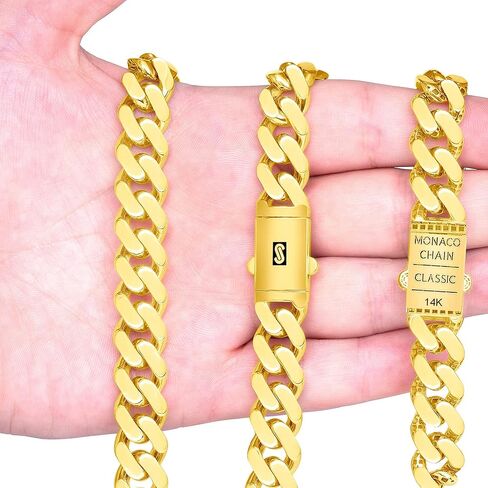 Nuragold 14k الذهب الأصفر 13mm Royal Monaco Miami Cuban Link Chain Necklace، مجوهرات رجالي فاخرة مشبك صندوق 20 بوصة 22 بوصة 24 بوصة 26 بوصة 28 بوصة 30 بوصة in Kuwait