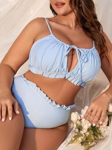 طقم بيكيني نسائي من MakeMeChic مقاس كبير مكون من قطعتين ذو حواف مكشكشة وخصر عالٍ in Saudi Arabia