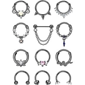 Finrezio 12Pcs 𝟭𝟲𝗚 𝗦𝗲𝗽𝘁𝘂𝗺 𝗥𝗶𝗻𝗴𝘀 Hinged Nose Rings Hoop for Women Men Surgical Steel 𝗦𝗲𝗽𝘁𝘂𝗺 𝗖𝗹𝗶𝗰𝗸𝗲𝗿 𝗝𝗲𝘄𝗲𝗹𝗿𝘆 Dangle CZ Horseshoe Cartilage Daith Helix Hoop Tragus Conch Piercing Jewelry 10mm in Kuwait
