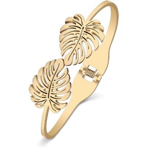 RAIDIN Stainless Steel Gold Bangle Bracelet for Women Girls Dainty Crystal Accents Leaf Cuff Bracelets Jewelry for Gifts