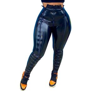 xxxiticat Women's Faux Leather Legging Pants High Wasit Cut Out Striped PU Leather Bodycon Leggings Long Trousers in Saudi Arabia