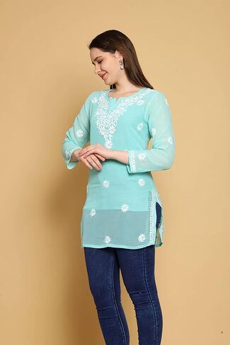 Ada Indian Hand Embroidered Chikankari Women's Georgette Kurti Top Tunic Shirt with inner A911300 in Kuwait