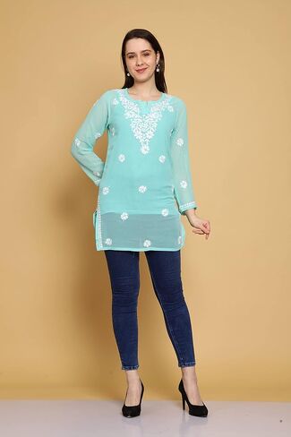 Ada Indian Hand Embroidered Chikankari Women's Georgette Kurti Top Tunic Shirt with inner A911300 in Kuwait