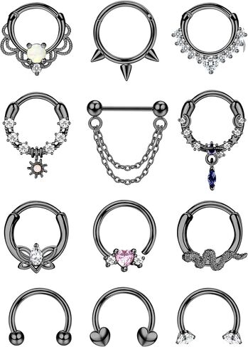 Finrezio 12Pcs 𝟭𝟲𝗚 𝗦𝗲𝗽𝘁𝘂𝗺 𝗥𝗶𝗻𝗴𝘀 Hinged Nose Rings Hoop for Women Men Surgical Steel 𝗦𝗲𝗽𝘁𝘂𝗺 𝗖𝗹𝗶𝗰𝗸𝗲𝗿 𝗝𝗲𝘄𝗲𝗹𝗿𝘆 Dangle CZ Horseshoe Cartilage Daith Helix Hoop Tragus Conch Piercing Jewelry 10mm in Kuwait