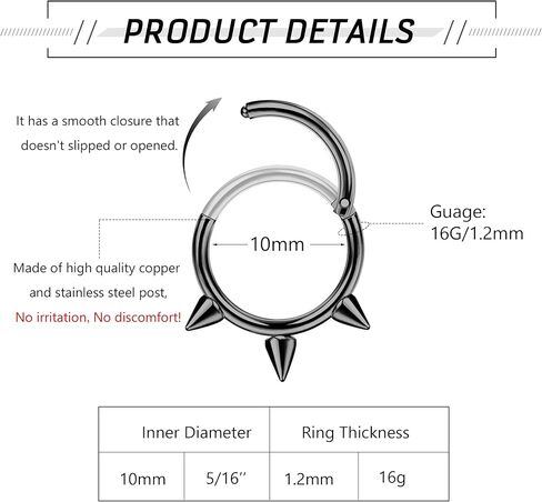 Finrezio 12Pcs 𝟭𝟲𝗚 𝗦𝗲𝗽𝘁𝘂𝗺 𝗥𝗶𝗻𝗴𝘀 Hinged Nose Rings Hoop for Women Men Surgical Steel 𝗦𝗲𝗽𝘁𝘂𝗺 𝗖𝗹𝗶𝗰𝗸𝗲𝗿 𝗝𝗲𝘄𝗲𝗹𝗿𝘆 Dangle CZ Horseshoe Cartilage Daith Helix Hoop Tragus Conch Piercing Jewelry 10mm in Kuwait