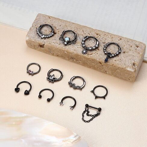 Finrezio 12Pcs 𝟭𝟲𝗚 𝗦𝗲𝗽𝘁𝘂𝗺 𝗥𝗶𝗻𝗴𝘀 Hinged Nose Rings Hoop for Women Men Surgical Steel 𝗦𝗲𝗽𝘁𝘂𝗺 𝗖𝗹𝗶𝗰𝗸𝗲𝗿 𝗝𝗲𝘄𝗲𝗹𝗿𝘆 Dangle CZ Horseshoe Cartilage Daith Helix Hoop Tragus Conch Piercing Jewelry 10mm in Kuwait