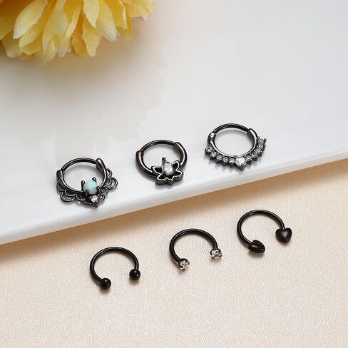 Finrezio 12Pcs 𝟭𝟲𝗚 𝗦𝗲𝗽𝘁𝘂𝗺 𝗥𝗶𝗻𝗴𝘀 Hinged Nose Rings Hoop for Women Men Surgical Steel 𝗦𝗲𝗽𝘁𝘂𝗺 𝗖𝗹𝗶𝗰𝗸𝗲𝗿 𝗝𝗲𝘄𝗲𝗹𝗿𝘆 Dangle CZ Horseshoe Cartilage Daith Helix Hoop Tragus Conch Piercing Jewelry 10mm in Kuwait