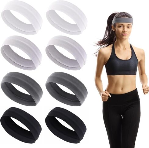 8pcs Cloth Headbands for Women Men Fashion Workout Headbands Non Slip Sports Headband Pure Color Elastic Head Bands Sweat-Absorbent Outdoor Running Mens Headbands(Black, White, Light/Deep Grey) in Kuwait