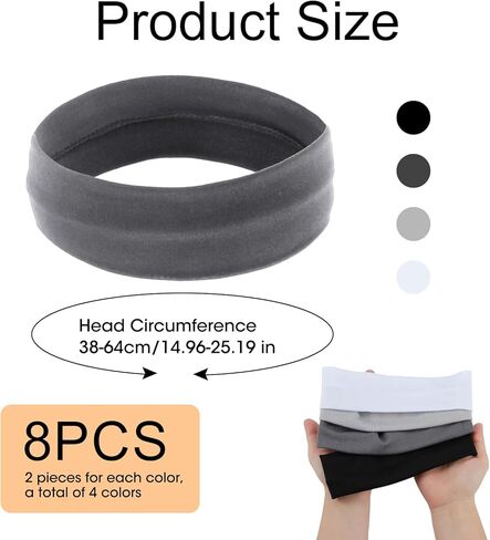 8pcs Cloth Headbands for Women Men Fashion Workout Headbands Non Slip Sports Headband Pure Color Elastic Head Bands Sweat-Absorbent Outdoor Running Mens Headbands(Black, White, Light/Deep Grey) in Kuwait