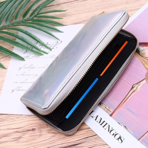 TENDYCOCO Sparking Cell Pouch Wallet Clutch Carteras Pu Women Female Coin Leather Long Wallets Credit Rainbow Portfel Shining Silver Zipper Holographic Slim Bag Purses Iridescent Girls for in Kuwait