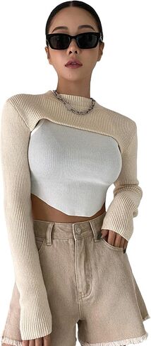 Verdusa Women's Mock Neck Long Sleeve Knit Crop Sweater Pullover Shrug Top in Saudi Arabia