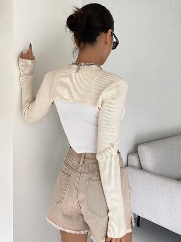 Verdusa Women's Mock Neck Long Sleeve Knit Crop Sweater Pullover Shrug Top in Saudi Arabia