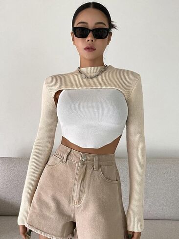 Verdusa Women's Mock Neck Long Sleeve Knit Crop Sweater Pullover Shrug Top in Saudi Arabia