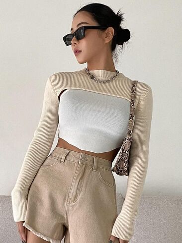 Verdusa Women's Mock Neck Long Sleeve Knit Crop Sweater Pullover Shrug Top in Saudi Arabia