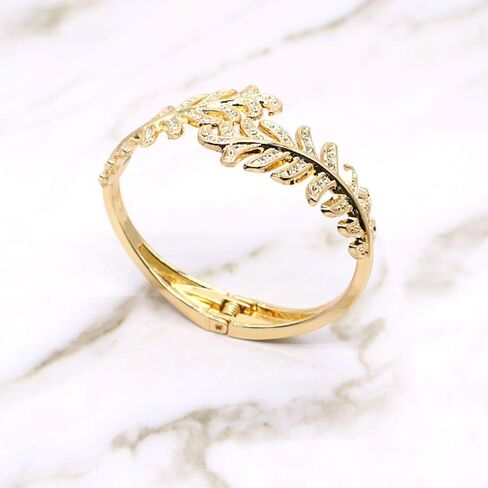 Sparkly Rhinestone Leaf Hinge Bangle Bridal Wedding Statement Bracelet Crystal Adjustable Cuff Bracelets Gold Platinum Tone Women Girls Lover Gifts in Saudi Arabia