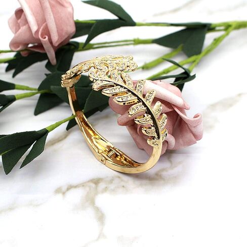 Sparkly Rhinestone Leaf Hinge Bangle Bridal Wedding Statement Bracelet Crystal Adjustable Cuff Bracelets Gold Platinum Tone Women Girls Lover Gifts in Saudi Arabia