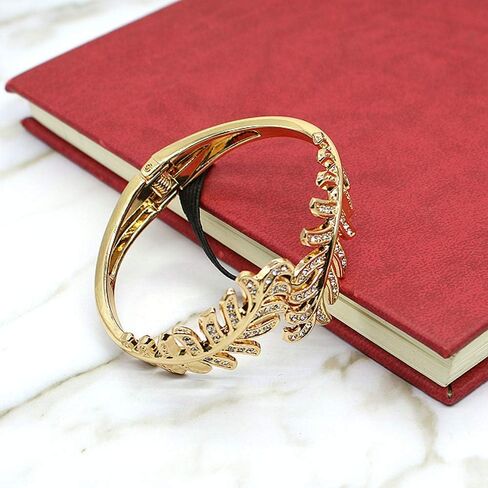 Sparkly Rhinestone Leaf Hinge Bangle Bridal Wedding Statement Bracelet Crystal Adjustable Cuff Bracelets Gold Platinum Tone Women Girls Lover Gifts in Saudi Arabia