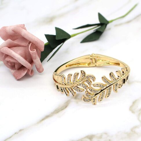 Sparkly Rhinestone Leaf Hinge Bangle Bridal Wedding Statement Bracelet Crystal Adjustable Cuff Bracelets Gold Platinum Tone Women Girls Lover Gifts in Saudi Arabia