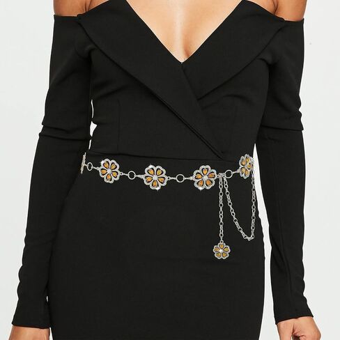 ELABEST Rhinestone Flower Chain Belt for Women Mental Waist Chain Sparkling Gold Silver Chain Belts for Dresses in Saudi Arabia