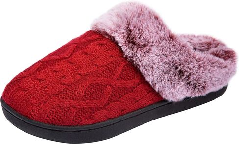 WOTTE Women's Cable Knit Slippers Faux Fur Lining Furry Collar Memory Foam Clog shoes in Saudi Arabia