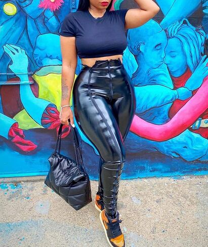 xxxiticat المرأة فو سروال ضيق من الجلد عالية واسط قطع مخطط بولي Leather الجلود Bodycon طماق بنطلون طويل in Saudi Arabia