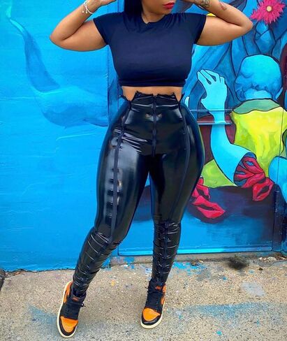 xxxiticat المرأة فو سروال ضيق من الجلد عالية واسط قطع مخطط بولي Leather الجلود Bodycon طماق بنطلون طويل in Saudi Arabia