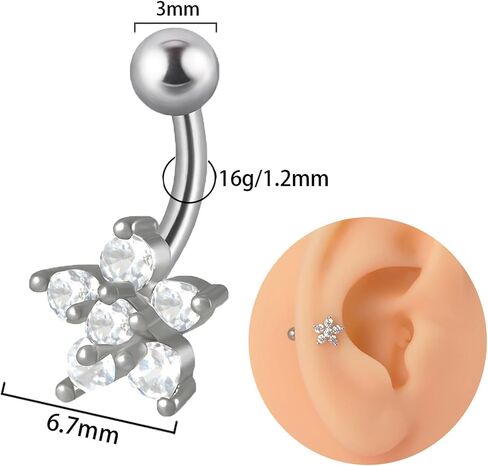 16G 8mm/10mm G23 Implant Grade Titanium Triangle/Flower Shaped Prong Set Colorful/White CZ Internally Threaded and 3mm Ball Ends Cartilage Helix Daith Rook Eyebrow Curved Barbell Navel Piercing Jewelry in Kuwait