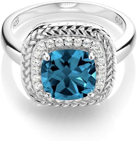 Gem Stone King 925 Sterling Silver London Blue Topaz Engagement Ring For Women (2.80 Cttw, Cushion Cut 8MM, Gemstone Birthstone Available In Size 5,6,7,8,9) in Saudi Arabia