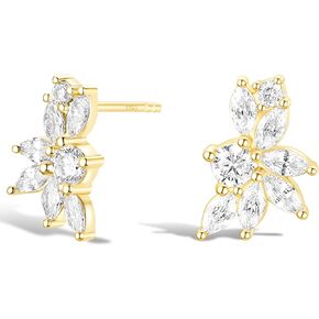 TIGRADE Stud Earrings Marquise and Round Cubic Zirconia Rhinestone Cluster Earrings 925 Sterling Silver Post Hypoallergenic for Women, Brides, Bridesmaid