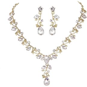 Molie Leaf Vine Crystal Necklace Earrings Jewelry Set for Bridesmaids V-Neck Formal Evening Dress