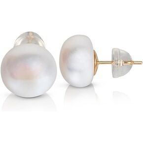 BELLA LEORA White Button AAA Freshwater Real Pearl Earrings - Great Holiday Gift for Women - 14k Yellow Gold Stud Earrings | Hypoallergenic Earrings with Genuine Cultured Pearls, 10.0mm-11.0mm, Yellow in Kuwait