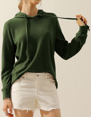 DOUBLJU 2 Pack Casual Long Sleeve Oversized Hoodies Waffle Knit Sweatshirts Basic Hooded Loose Tops Workout Sets for Women in Saudi Arabia
