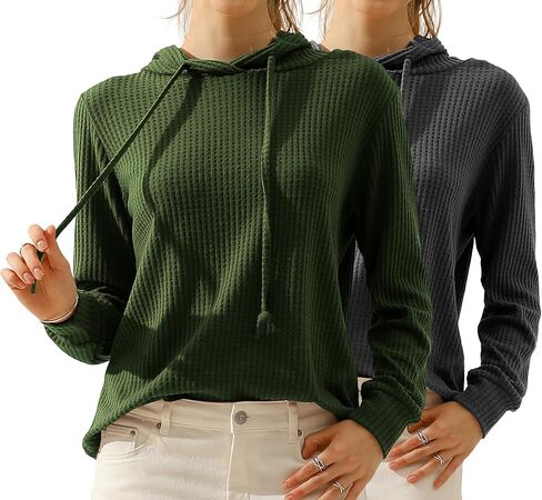 DOUBLJU 2 Pack Casual Long Sleeve Oversized Hoodies Waffle Knit Sweatshirts Basic Hooded Loose Tops Workout Sets for Women in Saudi Arabia