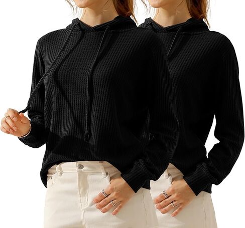 DOUBLJU 2 Pack Casual Long Sleeve Oversized Hoodies Waffle Knit Sweatshirts Basic Hooded Loose Tops Workout Sets for Women in Saudi Arabia