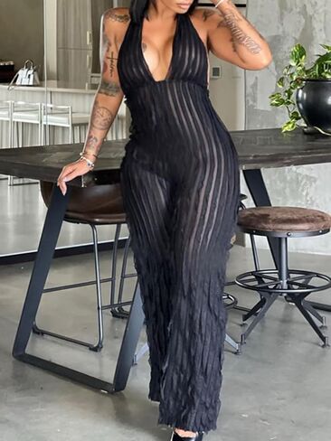 Ryehack Backless Jumpsuit for Women Sexy See Through V Neck Halter Sleeveless Ruffle Wide Leg Pants Romper in Saudi Arabia