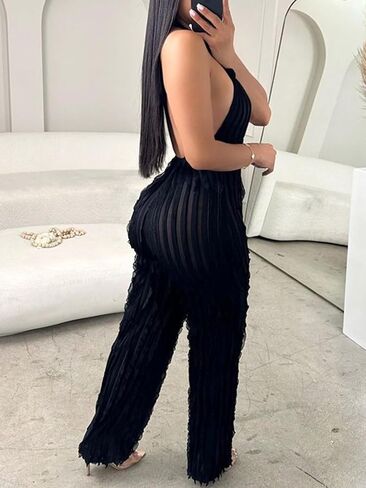 Ryehack Backless Jumpsuit for Women Sexy See Through V Neck Halter Sleeveless Ruffle Wide Leg Pants Romper in Saudi Arabia