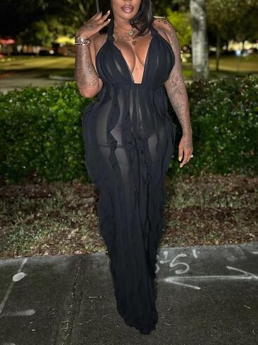 Ryehack Backless Jumpsuit for Women Sexy See Through V Neck Halter Sleeveless Ruffle Wide Leg Pants Romper in Saudi Arabia