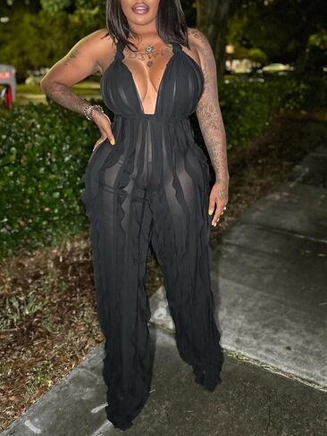 Ryehack Backless Jumpsuit for Women Sexy See Through V Neck Halter Sleeveless Ruffle Wide Leg Pants Romper in Saudi Arabia