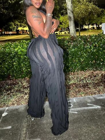 Ryehack Backless Jumpsuit for Women Sexy See Through V Neck Halter Sleeveless Ruffle Wide Leg Pants Romper in Saudi Arabia